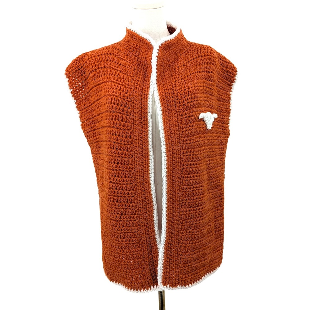 Handmade‎ Crochet Orange Longhorn Vest Sleeveless Cardigan UT Texas inspired fan